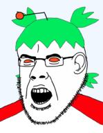 4chan 4cuck anime antenna ear glasses green_hair hair open_mouth orange_eyes red_shirt reddit soyjak stubble subvariant:narge transparent_background variant:cobson yotsoyba // 760x980 // 141.1KB
