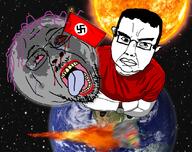 arm blood bloodshot_eyes chudjak_ront earth fire flying foot glasses hair motion_blur nazism open_mouth purple_hair shoe space star stubble subvariant:feralrage sun torso tranny variant:bernd variant:chudjak variant:feraljak watch // 1080x856 // 773.0KB