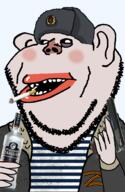 amerimutt arm black_sclera blush bottle bruise bruised_eye cigarette clothes communism cyrillic_text ear gun hammer_and_sickle hand hat holding_bottle holding_object holding_pistol injury lips mutt open_mouth ribbon_of_saint_george russia smoking star_(symbol) striped_clothing stubble subvariant:impish_amerimutt text transparent_background ushanka variant:impish_soyak_ears weapon white_skin z_(russian_symbol) // 598x919 // 251.8KB