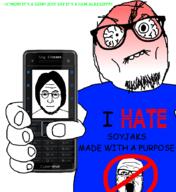 blue_shirt derp glasses greentext hair holding_phone i_hate nokia nose phone rage_comic retard seething sony stubble variant:a24_slowburn_soyjak variant:lennonjak // 815x887 // 51.3KB