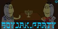 2soyjaks arm banner closed_mouth clothes glasses hand hanukkah hat holding_heart holding_object jewish_star jews judaism kippah menorah scarf smile soyjak_party star_of_david stubble subvariant:wholesome_soyjak text thumbs_up variant:gapejak // 1000x500 // 87.3KB