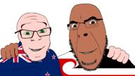 2soyjaks arm brown_eyes brown_skin closed_mouth clothes country flag friendship glasses green_eyes hand hugging looking_at_you maori new_zealand no_more_brother_wars smile soyjak star stubble teeth variant:cobson variant:feraljak white_skin // 3840x2160 // 1.1MB