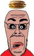 amerimutt bald beard food front_facing glasses hamburger open_mouth variant:cutejak // 407x679 // 64.7KB