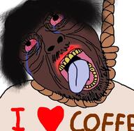 black_skin bloodshot_eyes clothes coffee crying flag glasses hair hanging i_love mustache noose open_mouth purple_hair rope soyjak stubble suicide text tongue tranny variant:bernd wrinkles yellow_teeth // 726x711 // 130.8KB