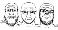 3soyjaks arm closed_mouth friendship glasses hugging looking_at_you mustache smile soyjak stubble teeth template variant:a24_slowburn_soyjak variant:markiplier_soyjak variant:soyak // 3018x1590 // 1.5MB