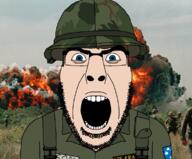 angry blue_eyes brown_hair camouflage combat_helmet explosion glasses helmet jungle looking_at_you m1_helmet military_uniform mitchell_pattern open_mouth solider soyjak stubble subvariant:cobson_front2 thick_eyebrows united_states variant:cobson vietnam vietnam_war war white_skin // 1149x949 // 856.8KB