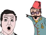 black_and_white blue_eyes brown_eyes brown_hair fez glasses lavader medal mustache open_mouth pointing sunglasses ubersoy uniform variant:two_pointing_soyjaks // 1540x1180 // 63.2KB