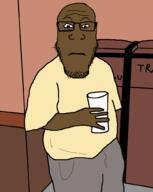 arm black_skin closed_mouth glasses holding_object neutral niglet soyjak stubble subvariant:neutralplier text trash_can variant:markiplier_soyjak yellow_shirt // 800x1002 // 42.8KB