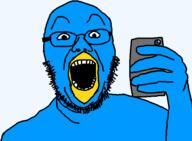 arm beak blue_skin glasses hand holding_object open_mouth phone series:x_inmigrants soyjak stubble twitter variant:selfiejak // 584x428 // 11.5KB