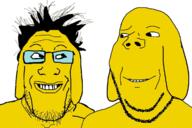 2soyjaks animal are_you_soying_what_im_soying dog ear glasses grin hair janny looking_at_each_other smile soyjak stubble subvariant:wholesome_soyjak variant:gapejak variant:markiplier_soyjak yellow_skin // 1200x800 // 653.0KB