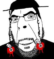 3soyjaks arm beard bloodshot_eyes clothes crying ear full_body glasses hair hand hanging hat judaism leg nazism open_mouth smile soyjak subvariant:patrick swastika tongue variant:chudjak variant:cobson yellow_teeth // 775x849 // 70.2KB