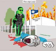 2soyjaks arm blood bloodshot_eyes brenton_tarrant building christchurch_shooting closed_mouth clothes dead drawn_background federal_bureau_of_investigation fence fire firearm flag full_body glasses glowing glownigger green_skin greentext gun hair hand history open_mouth smile smug stubble sunglasses text tongue tree trend:glowie variant:bernd variant:chudjak waco_siege yellow_teeth // 1101x1002 // 630.9KB