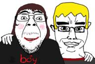 2soyjaks acne boymoder boyremoval brown_hair chud_troon_alliance closed_mouth clothes friendship glasses hand mustache nate smile soyjak stubble subvariant:chudjak_front tranny variant:bernd variant:chudjak yellow_hair // 800x541 // 203.5KB