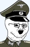 clothes collar_tabs epaulettes fat glasses hat hat_ornament judaism military military_cap military_uniform nazism open_mouth reichsadler soyjak star_of_david stubble uniform variant:soyak // 324x501 // 37.0KB