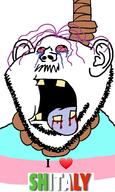 ack anti_italy blood bloodshot_eyes crying ear hanging i_heart italy mustache open_mouth rope shitaly soyjak stubble suicide text tongue tranny variant:impish_soyak_ears yellow_teeth // 500x836 // 165.9KB