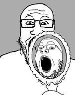 2soyjaks glasses grey_background hand_mirror holding_object looking_at_you mirror pov stubble traced variant:gapejak variant:markiplier_soyjak // 1610x2048 // 58.4KB