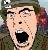 angry bbc card clothes country glasses helmet irl_background m1_helmet military open_mouth queen_of_spades soldier soyjak stubble uniform united_states variant:cobson vietnam vietnam_war war white_skin // 676x707 // 307.3KB