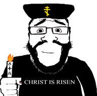 alpha arm balding beard calm candle celebration christian_cross christianity closed_mouth clothes easter eastern_orthodox fire glasses greek_text hair hand happy hat holding_object jesus jesus_christ omega orthodox orthodox_church orthodox_cross priest smile soyjak subvariant:science_lover variant:markiplier_soyjak wholesome // 800x786 // 71.6KB