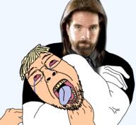 arm beard billy_mitchell bloodshot_eyes brown_hair buff choke_hold crying dead glasses headlock karl_jobst long_hair mullet open_mouth soyjak speedrunner strangling strangulation stubble tongue variant:bernd white_skin yellow_hair yellow_teeth youtuber // 1996x1844 // 1013.8KB