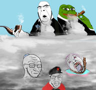 bald bloodshot_eyes blue_background cigar closed_eyes clothes communism frog glasses hat judaism lips pepe pipe rope smoke stubble suit tranny tuxedo variant:bernd variant:cobson variant:feraljak variant:soyak // 3563x3361 // 1.2MB