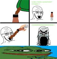 amphibian angry bloodshot_eyes bottle comic crying drinking eating frog greentext hand holding_object mucus nas:pepe pepe_the_frog poop smug soy soyjak soylent text variant:a24_slowburn_soyjak variant:soyak // 689x711 // 203.0KB
