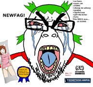 b_(4chan) 4chan 4cuck anime award b_(4chan) bloodshot_eyes blue_tongue body_pillow crying dakimakura encyclopedia_dramatica glasses green_hair hair moot newfag old oldfag open_mouth somethingawful subvariant:seethejak variant:bernd yellow_teeth yotsoyba // 1200x1125 // 547.7KB