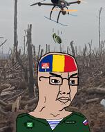 angry brown_skin closed_mouth country drone flag flag:romania flag:russia glasses grenade irl_background military_uniform rent_free romania russia russo_ukrainian_war soyjak variant:chudjak z_(russian_symbol) // 1010x1280 // 923.3KB