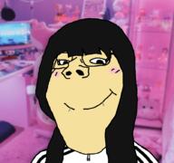 asian blur blurred_background female fishtank_live gamer gamer_chair gaming hair irl_background josie_(fishtank) long_hair million_dollar_extreme nose_piercing pink shadow smile soyjak subvariant:gapejak_female track_suit variant:gapejak yellow_skin // 902x844 // 372.1KB