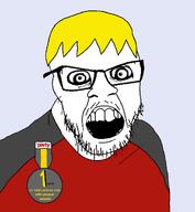 badge clothes crazed etan ethan glasses hair meta:tagme mustache nate natejak open_mouth soot_colors soyjak soyjak_party stubble text tshirt variant:feraljak yellow_hair // 1400x1519 // 297.2KB