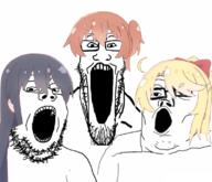 3soyjaks anime ear glasses hair hana himesaka_noa hoshino_hinata open_mouth orange_hair shirosaki soyjak stretched_mouth stubble trend:soyjak_trio variant:gapejak variant:markiplier_soyjak variant:tony_soprano_soyjak watashi_ni_tenshi_ga_maiorita yellow_hair // 800x687 // 398.5KB