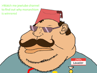 arrow brown_hair closed_mouth ear fat fez glasses green_text hello_my_name_is_(sticker) larper lavader literal_who looking_to_the_left monarchist monarchy mustache politics stubble sunglasses text variant:meximutt white_background // 800x600 // 97.4KB