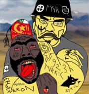 1923 a10_eyes agartha arabic_text arrow asian attila beard bloodshot_eyes blue_eyes brown_hair brown_skin choke_hold combat_helmet crescent deer earring ergenekon fez flag glasses headlock helmet islam israel moustache mustache open_mouth pakistan slant_eyes sonnenrad strangling swastika syria tattoo the_weak_should_fear_the_strong tongue tranny turkic_text turkish_text turkiye variant:bernd variant:chudjak wolf yellow_skin // 720x768 // 907.0KB