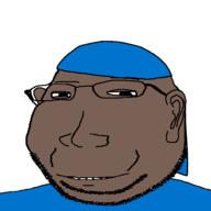 black_skin blue clothes crip durag ear eyelids gang glasses hat small_eyes smile soyjak stubble subvariant:massjak subvariant:wholesome_soyjak variant:gapejak // 600x600 // 13.0KB