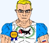 animal arm award blue_eyes buff christianity closed_mouth clothes eastern_orthodox eating eyes_like_the_o-o-cean flag flag:irkutsk_oblast flag:russia glasses hair irkutsk kill oblast orthodox_cross plant russia soyjak subvariant:chudjak_front subvariant:muscular_chud text tiger transparent transparent_background tshirt variant:chudjak vein weasel wreath yellow_hair // 1059x929 // 157.8KB