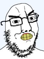 clenched_teeth glasses merge small_mouth soyjak stubble thick_eyebrows variant:chudjak variant:gapejak variant:nojak yellow_teeth // 720x960 // 175.7KB