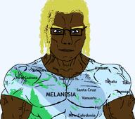 aryan black_skin blond blue_eyes buff closed_mouth clothes eyes_like_the_o-o-cean glasses map melanesia oceania pacific pacific_islander polynesian smile subvariant:chudjak_front subvariant:muscular_chud text variant:chudjak // 1051x929 // 292.5KB