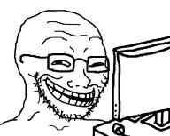 bald computer computer_mouse glasses grin hand looking_at_you mouse open_mouth smile smug soyjak stubble teeth trollface variant:soyak white_background // 800x639 // 7.7KB