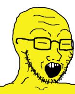 asian closed_eyes glasses open_mouth small_eyes soyjak stubble variant:soyak yellow // 644x796 // 12.0KB