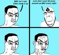 2soyjaks anger_mark angry bbc closed_mouth ear ear_surgery glasses hair queen_of_spades smile soyjak stubble tattoo text variant:chudjak variant:cobson vein // 1500x1400 // 182.7KB