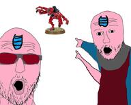 2soyjaks arm clothes genestealers glasses hand jeans jeanstealer miniature multiple_arms mustache open_mouth pink_skin pointing sci-fi soyjak stubble tyranid tyranids variant:two_pointing_soyjaks warhammer // 1080x860 // 625.0KB
