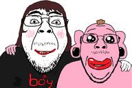 2soyjaks boymoder brown_hair clothes friendship glasses hair hand long_hair makeup mustache oh_my_god_she_is_so_attractive pink_skin pooner soyjak stubble text variant:bernd // 1861x1238 // 384.1KB