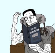 book chair holding_book holding_object meta:tagme muscles muscular_male reading smile smirk soycreature soyjak subvariant:chud_reading text variant:chudjak variant:soycreature vein // 528x516 // 49.1KB