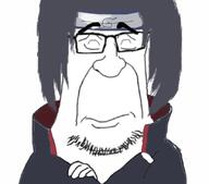 akatsuki akatsuki_uniform cloak closed_eyes closed_mouth clothes crossed_arms forehead_protector glasses hair hand headband konohagakure_symbol naruto_(series) soyjak stubble uchiha_itachi variant:pissluffare // 829x728 // 204.3KB