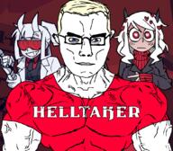arm aryan blond blue_eyes breasts buff buttoned_shirt closed_mouth clothes demon ear female glasses goggles hair hand heart hell helltaker horn lab_coat logo long_hair loremaster_(helltaker) modeus_(helltaker) muscles necktie neutral open_mouth pale_skin pointing red_eyes smile smirk soyjak subvariant:chudjak_front subvariant:muscular_chud suit tail teeth text tshirt turtleneck variant:chudjak vein video_game white_hair white_skin yellow_hair // 1059x929 // 497.3KB