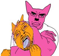 2_gay_cats 2soyjaks animal_ears arm bloodshot_eyes buff choke_hold chud clothes ear glasses hair hand headlock hoops hoops_and_yoyo makeup mustache open_mouth pink_skin purple_hair soyjak strangling stubble subvariant:chudjak_front the_weak_should_fear_the_strong tongue tranny tshirt variant:bernd variant:chudjak yellow_skin // 509x483 // 95.8KB