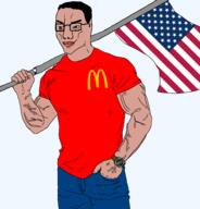 1488 ameriaryan american_flag amerimutt blue_pants brown_eyes buff closed_mouth clothes flag flag:united_states glasses hair hand_in_pocket holding_flag holding_object lips mcdonalds muscles muscular_male mutt red_shirt smile smug soyjak subvariant:muscular_chud2 template tshirt united_states variant:chudjak vein watch // 1834x1913 // 262.4KB