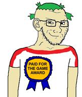 4chan anime arm award badge closed_mouth clothes ear glasses green_hair hair paid_for_the_game_award smile soyjak stubble text variant:soyak video_game white_skin yotsoyba // 508x600 // 45.1KB