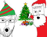 2soyjaks arm beard christmas clothes ear elf glasses hand hat incomprehensible_woahjack mustache open_mouth pointing santa santa_hat soyjak stubble variant:two_pointing_soyjaks // 1138x899 // 355.6KB