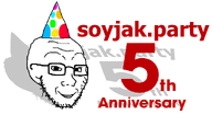 2025 5th_anniversary anniversary glasses grin happy logo looking_at_you party_hat second_soyanniversary shadow smile soyanniversary soyjak_party stubble text variant:soyak // 1411x775 // 27.8KB