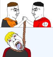 anti_sharty bloodshot_eyes chud dan handshake holding_object nate nazism rope soybooru soyjak_party variant:chudjak // 1560x1677 // 393.9KB